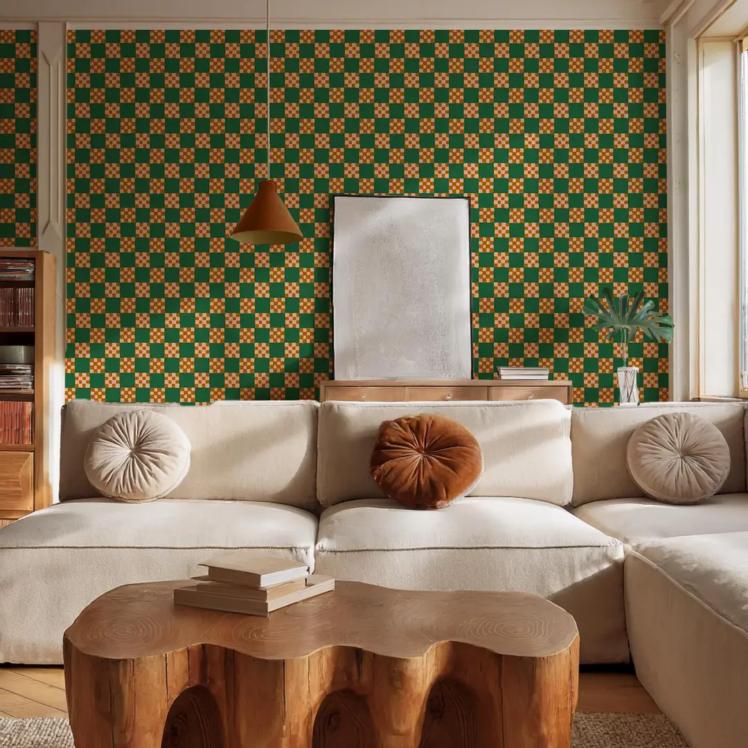 Checkered Quilt Wallpaper, green, peach and toffee - Tampa Home & Garden Store