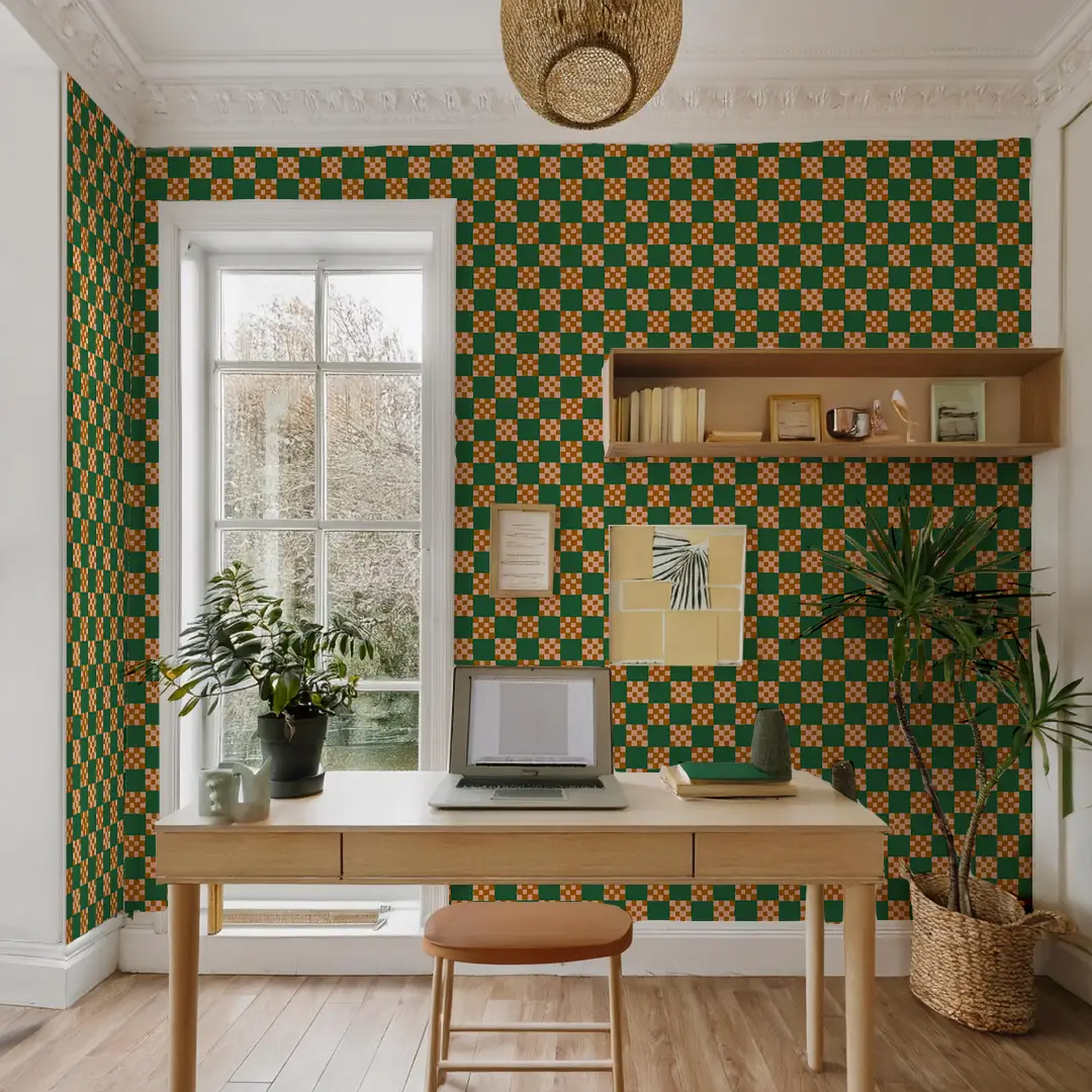 Checkered Quilt Wallpaper, green, peach and toffee - Tampa Home & Garden Store