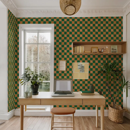 Checkered Quilt Wallpaper, green, peach and toffee - Tampa Home & Garden Store