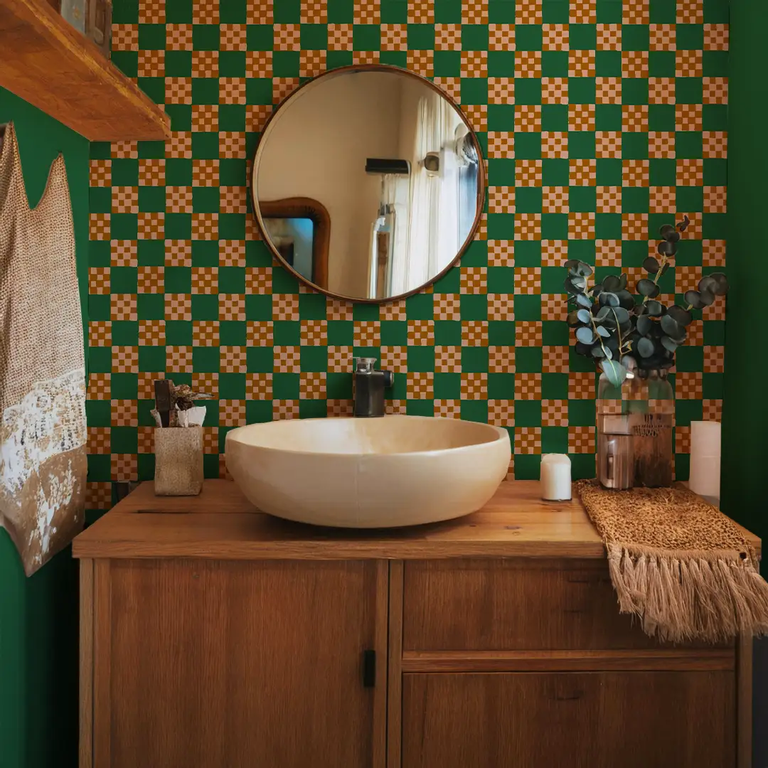 Checkered Quilt Wallpaper, green, peach and toffee - Tampa Home & Garden Store