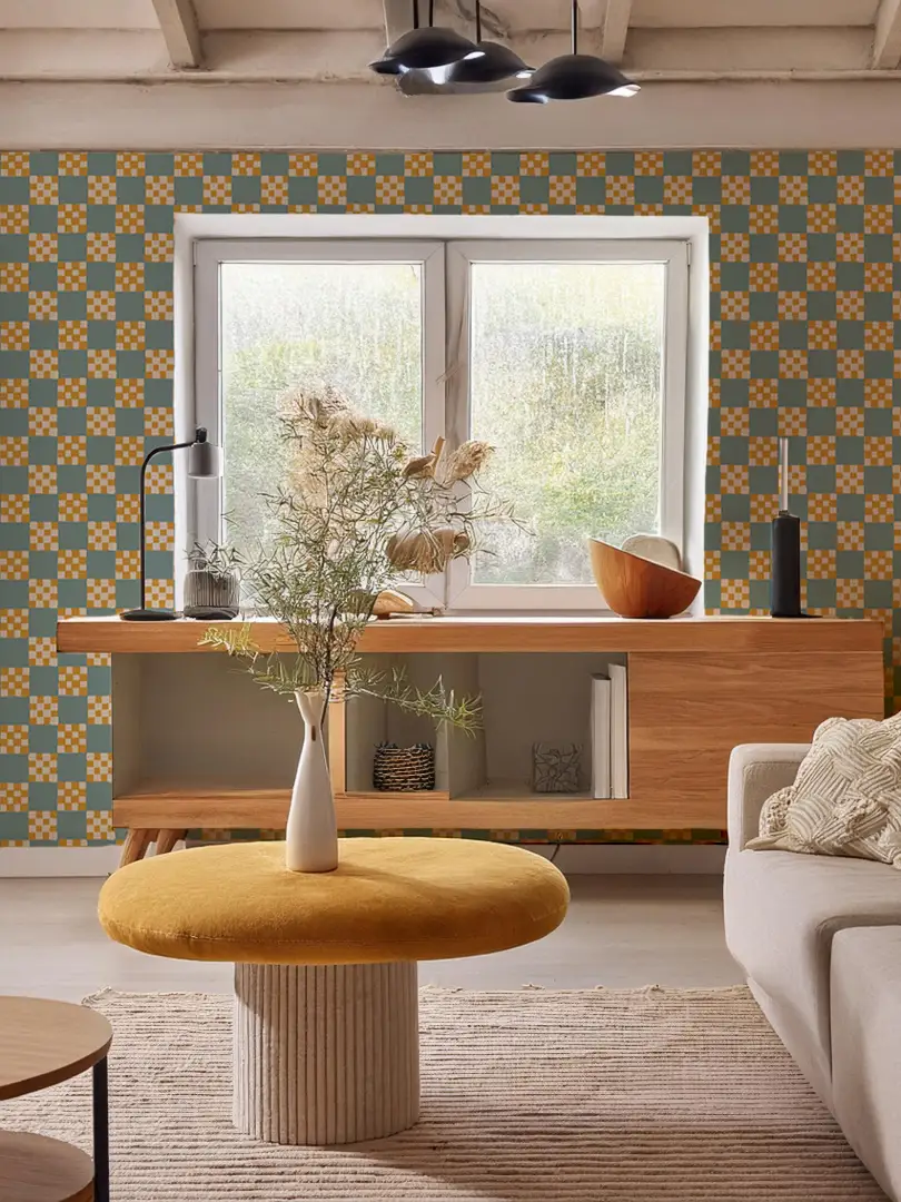 Checkered Quilt Wallpaper, light blue and yellow - Tampa Home & Garden Store