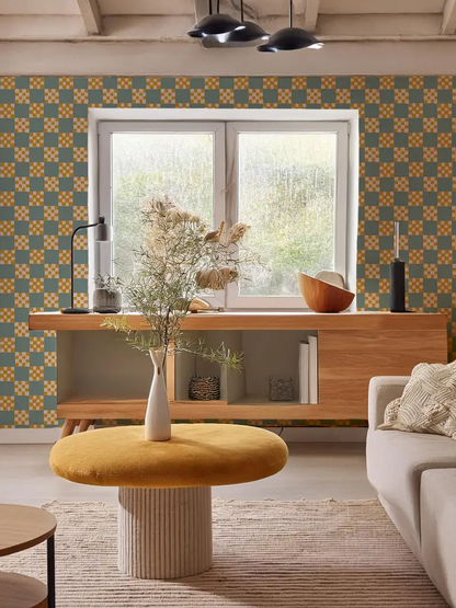 Checkered Quilt Wallpaper, light blue and yellow - Tampa Home & Garden Store