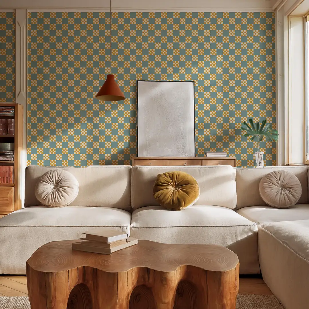 Checkered Quilt Wallpaper, light blue and yellow - Tampa Home & Garden Store