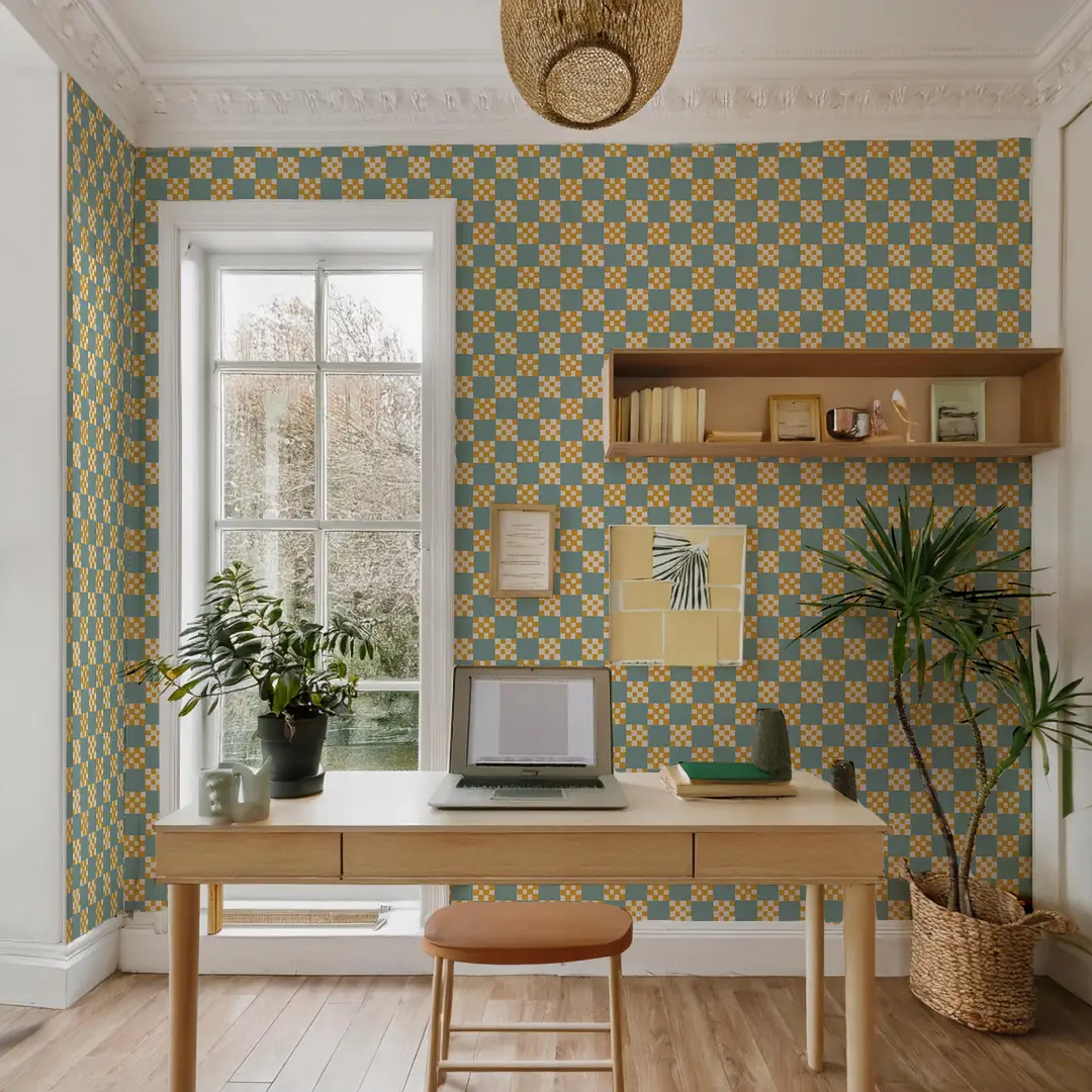 Checkered Quilt Wallpaper, light blue and yellow - Tampa Home & Garden Store