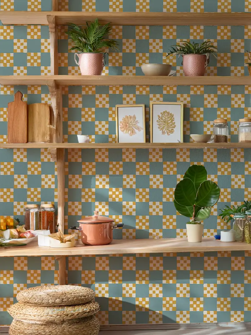 Checkered Quilt Wallpaper, light blue and yellow - Tampa Home & Garden Store