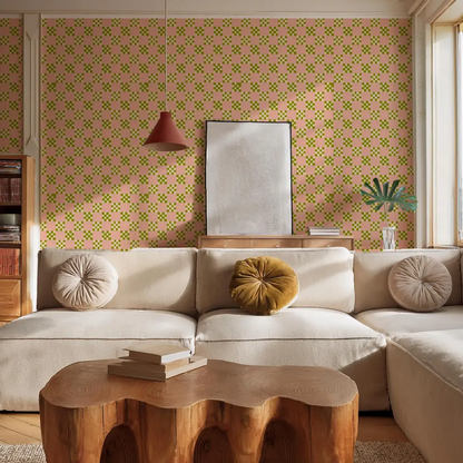 Checkered Quilt Wallpaper,-pink, olive green and light beige - Tampa Home & Garden Store
