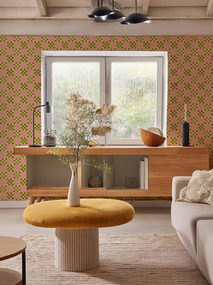 Checkered Quilt Wallpaper,-pink, olive green and light beige - Tampa Home & Garden Store