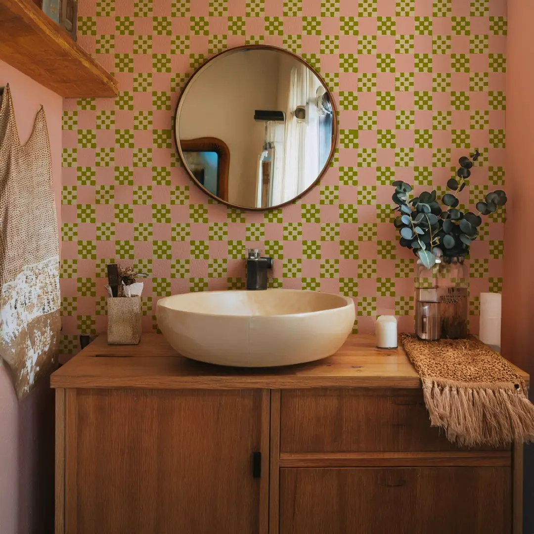 Checkered Quilt Wallpaper,-pink, olive green and light beige - Tampa Home & Garden Store