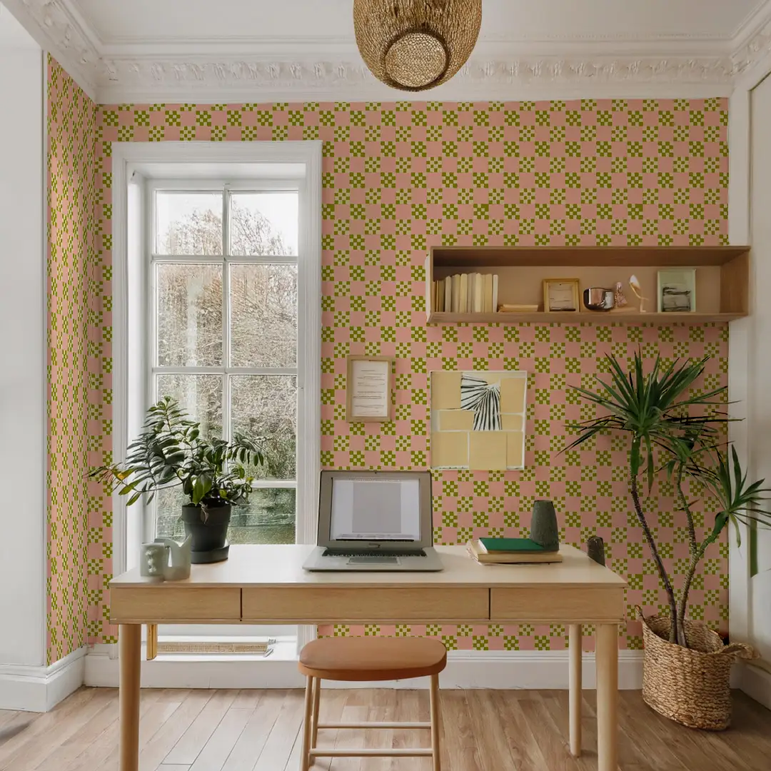 Checkered Quilt Wallpaper,-pink, olive green and light beige - Tampa Home & Garden Store