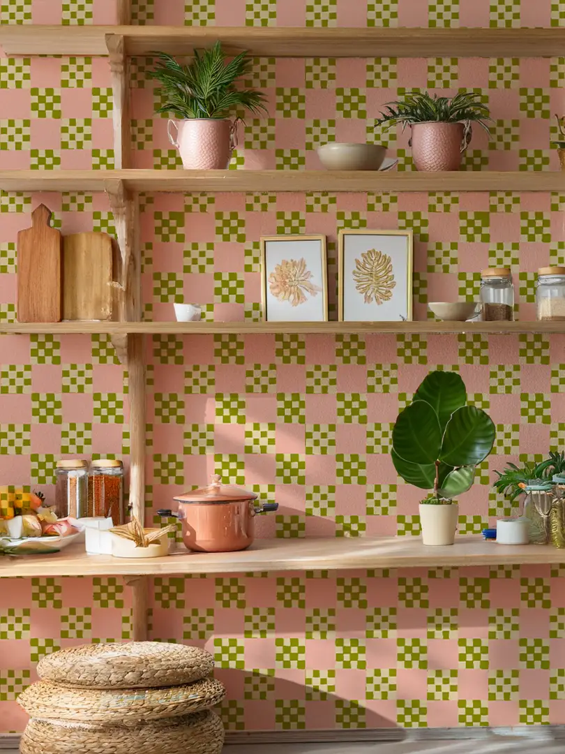 Checkered Quilt Wallpaper,-pink, olive green and light beige - Tampa Home & Garden Store