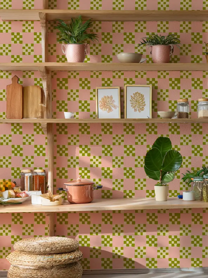 Checkered Quilt Wallpaper,-pink, olive green and light beige - Tampa Home & Garden Store