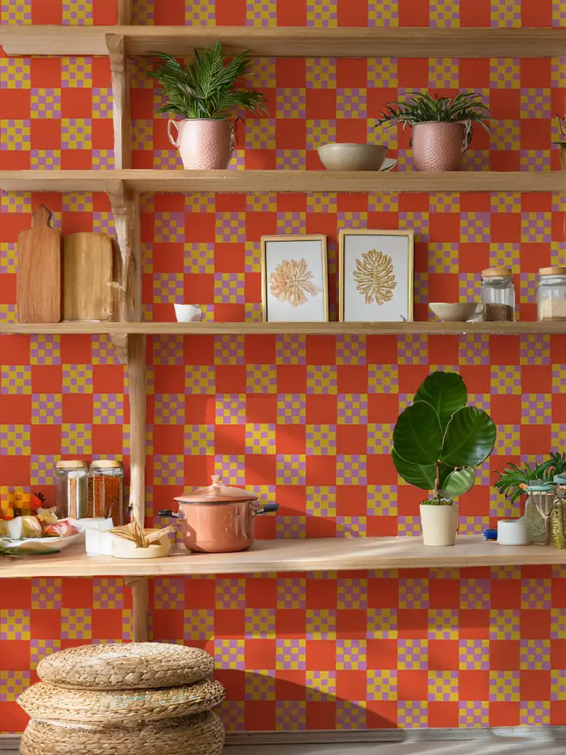 Checkered Quilt Wallpaper,-red-orange, yellow and purple - Tampa Home & Garden Store