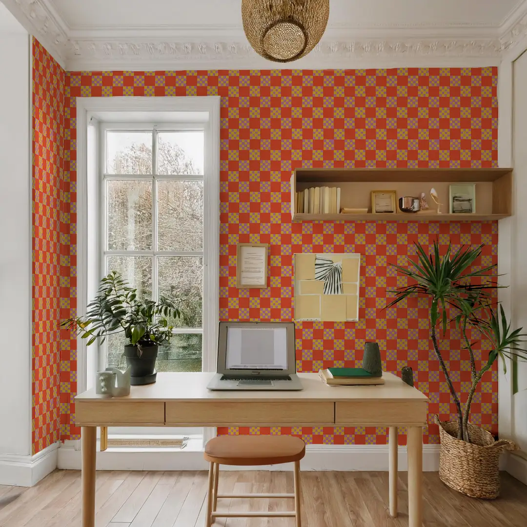 Checkered Quilt Wallpaper,-red-orange, yellow and purple - Tampa Home & Garden Store