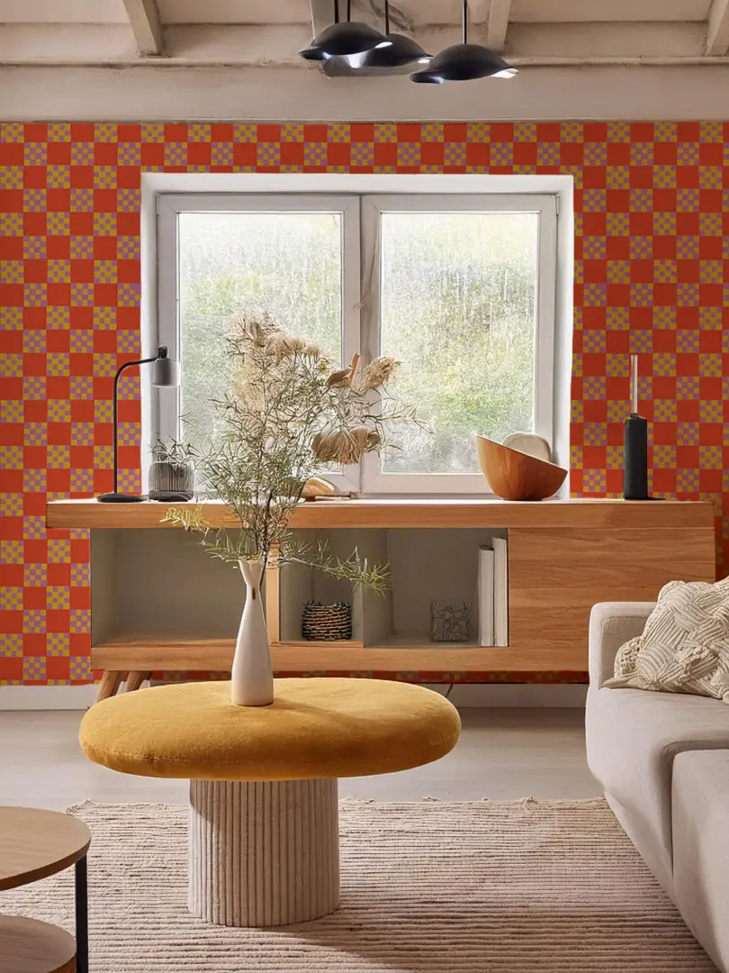 Checkered Quilt Wallpaper,-red-orange, yellow and purple - Tampa Home & Garden Store