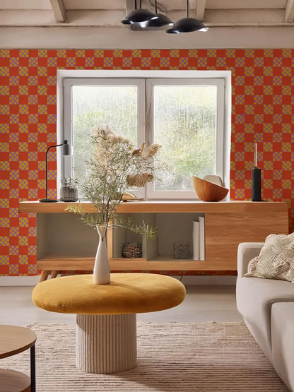 Checkered Quilt Wallpaper,-red-orange, yellow and purple - Tampa Home & Garden Store