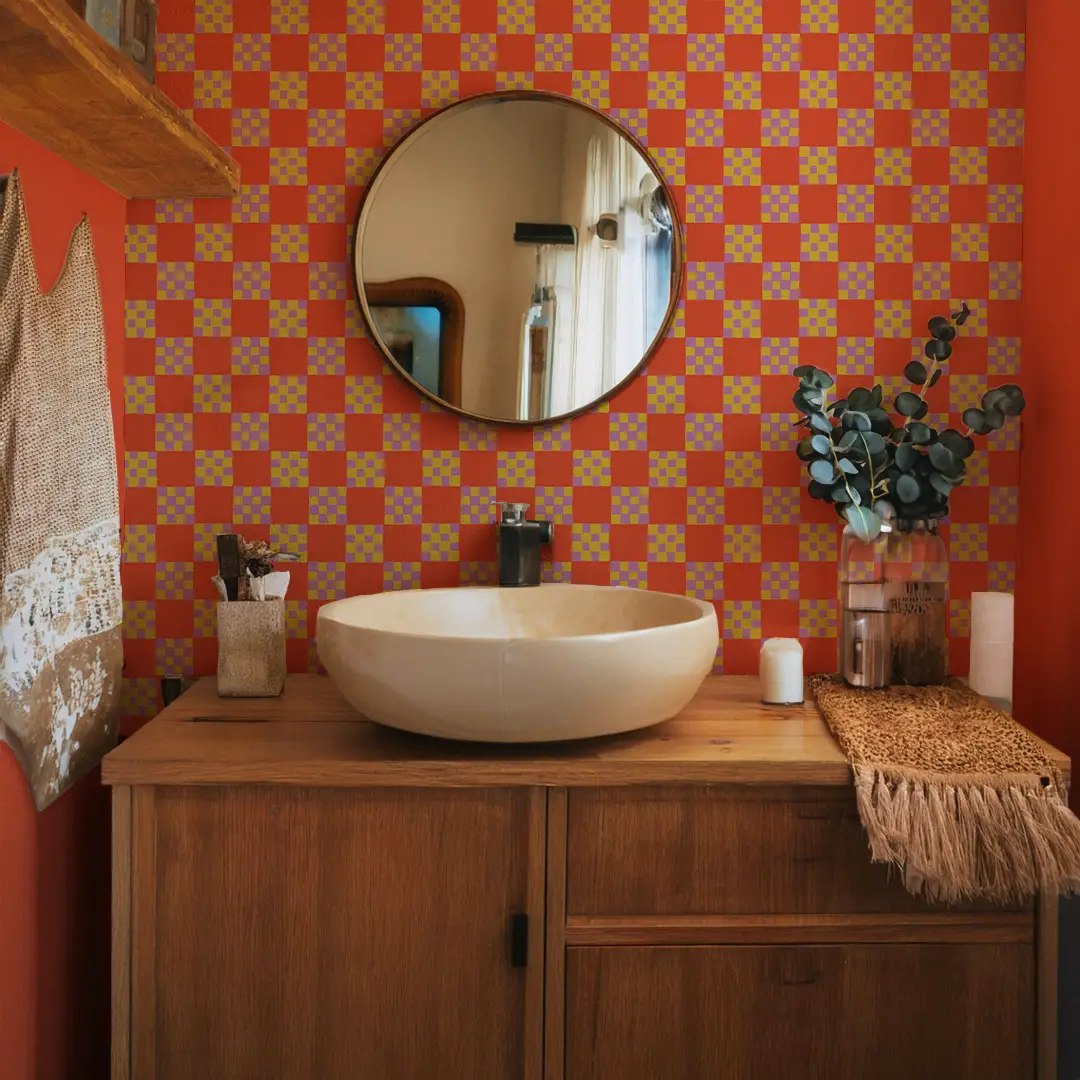 Checkered Quilt Wallpaper,-red-orange, yellow and purple - Tampa Home & Garden Store