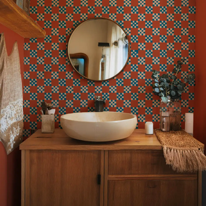 Checkered Quilt Wallpaper,-rust, peach & blue - Tampa Home & Garden Store