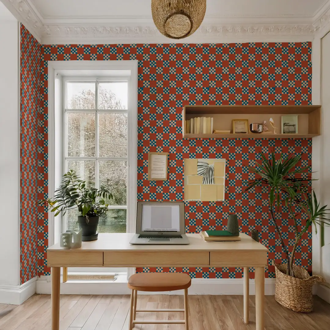Checkered Quilt Wallpaper,-rust, peach & blue - Tampa Home & Garden Store