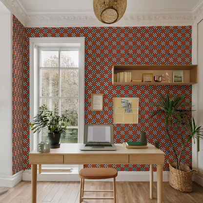 Checkered Quilt Wallpaper,-rust, peach & blue - Tampa Home & Garden Store