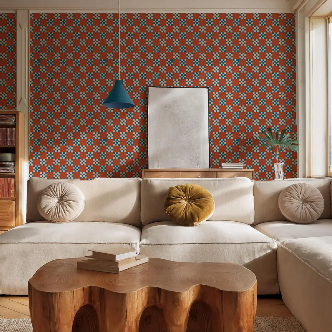 Checkered Quilt Wallpaper,-rust, peach & blue - Tampa Home & Garden Store