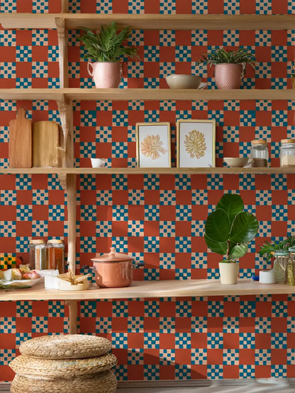 Checkered Quilt Wallpaper,-rust, peach & blue - Tampa Home & Garden Store