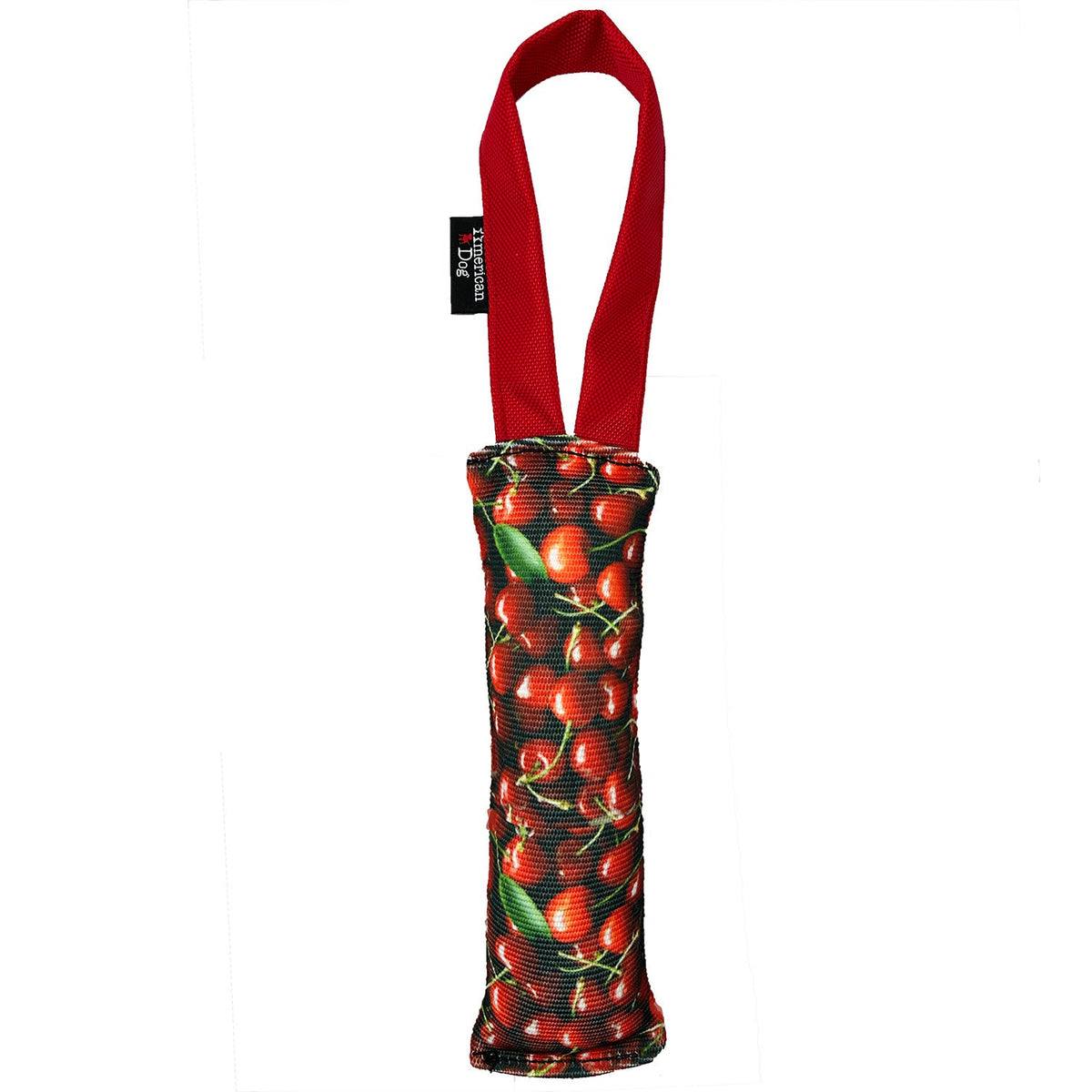 Fire Hose Dog Toy Tugs by American Dog, two red handles and cherry-pattern fabric sleeve on Tampa Home & Garden Store