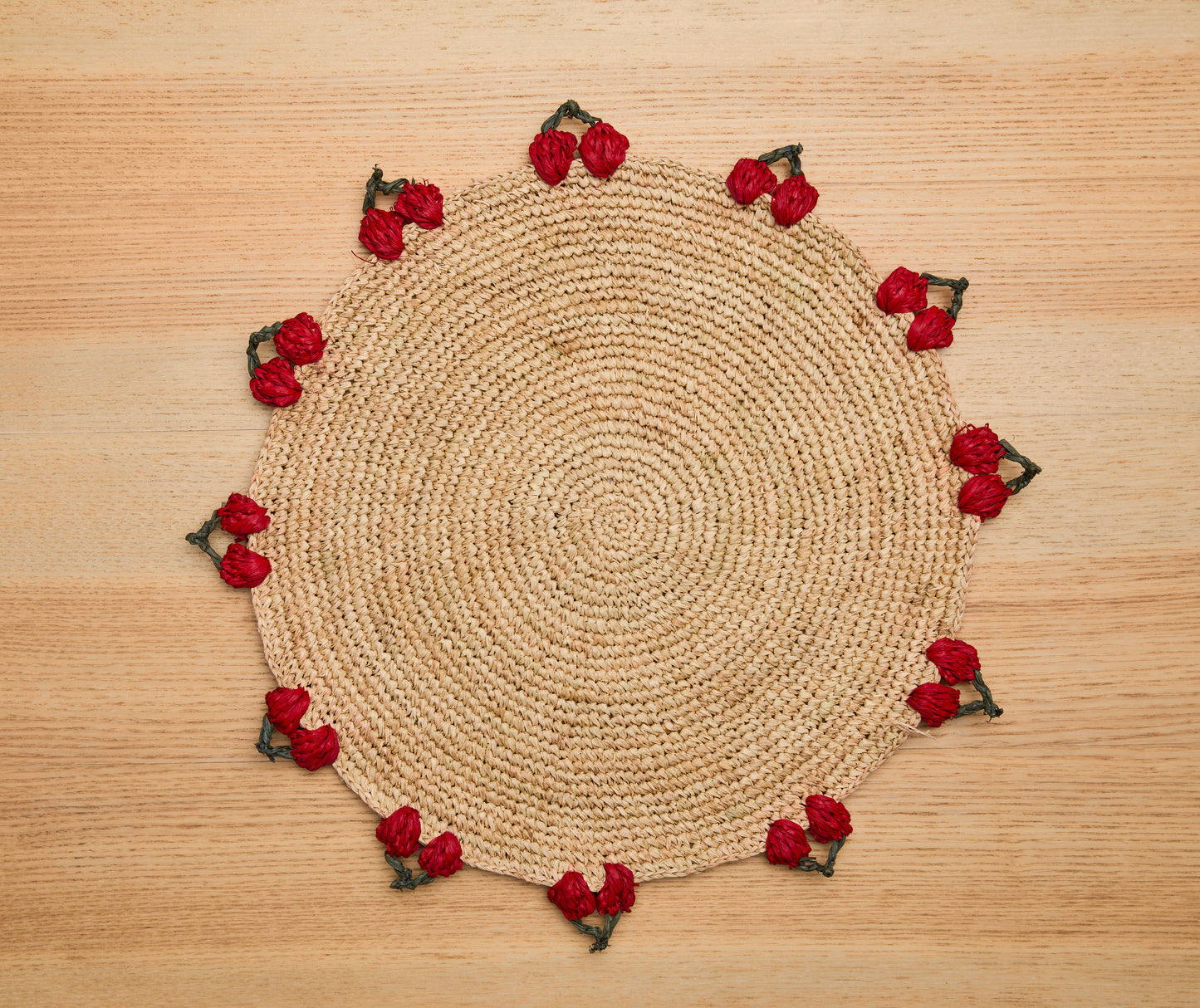 Cherry Scalloped Edge Placemat – 14” Hand-Crocheted Raffia – Artisan Summer Table Decor – Coastal & Boho Dining - Tampa Home & Garden Store