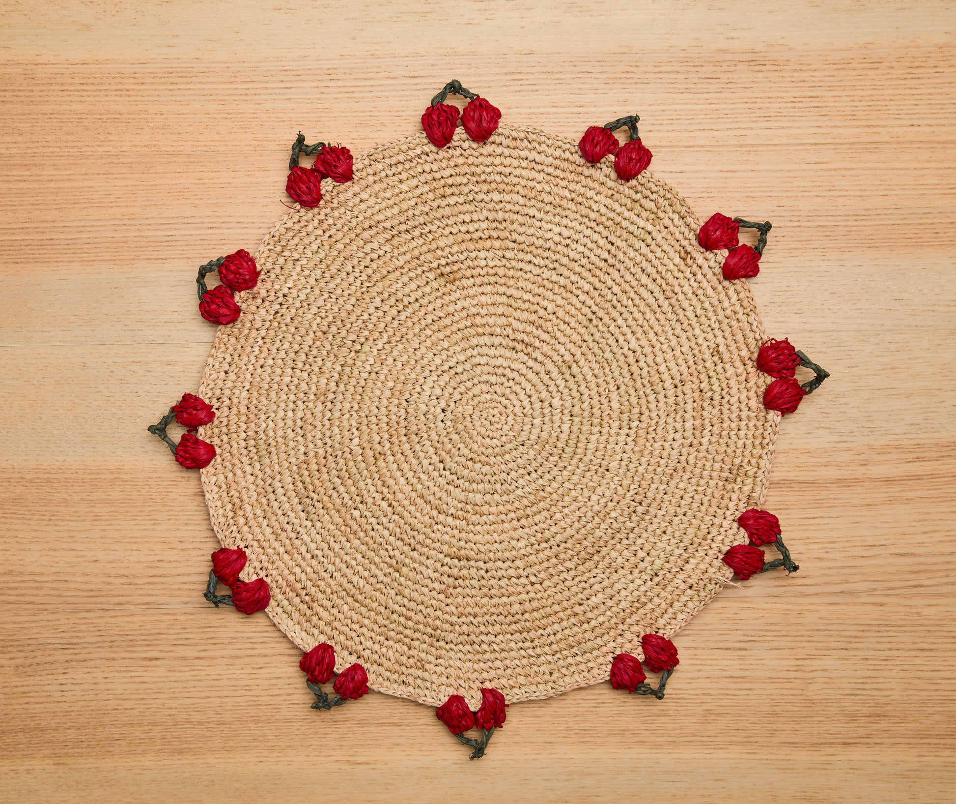 Cherry Scalloped Edge Placemat – 14” Hand-Crocheted Raffia – Artisan Summer Table Decor – Coastal & Boho Dining - Tampa Home & Garden Store