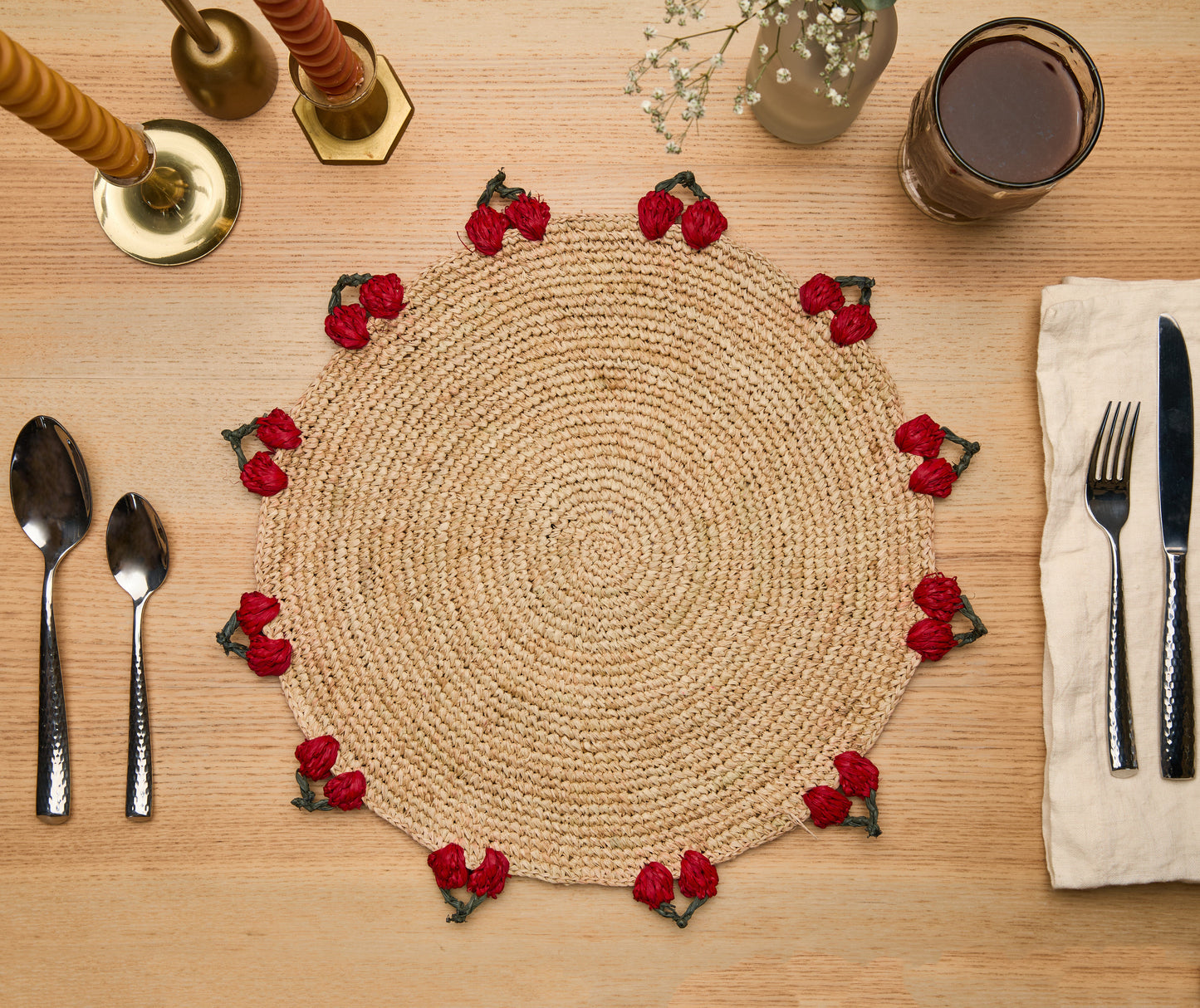 Cherry Scalloped Edge Placemat – 14” Hand-Crocheted Raffia – Artisan Summer Table Decor – Coastal & Boho Dining - Tampa Home & Garden Store