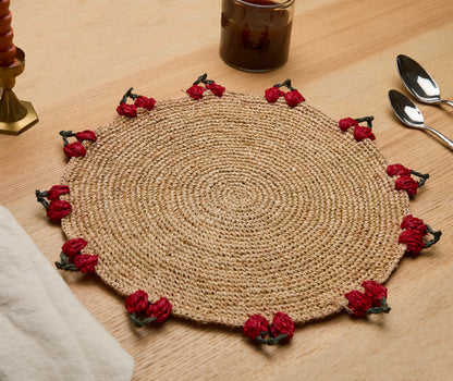 Cherry Scalloped Edge Placemat – 14” Hand-Crocheted Raffia – Artisan Summer Table Decor – Coastal & Boho Dining - Tampa Home & Garden Store