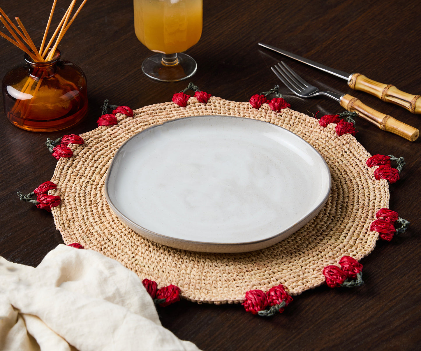 Cherry Scalloped Edge Placemat – 14” Hand-Crocheted Raffia – Artisan Summer Table Decor – Coastal & Boho Dining - Tampa Home & Garden Store