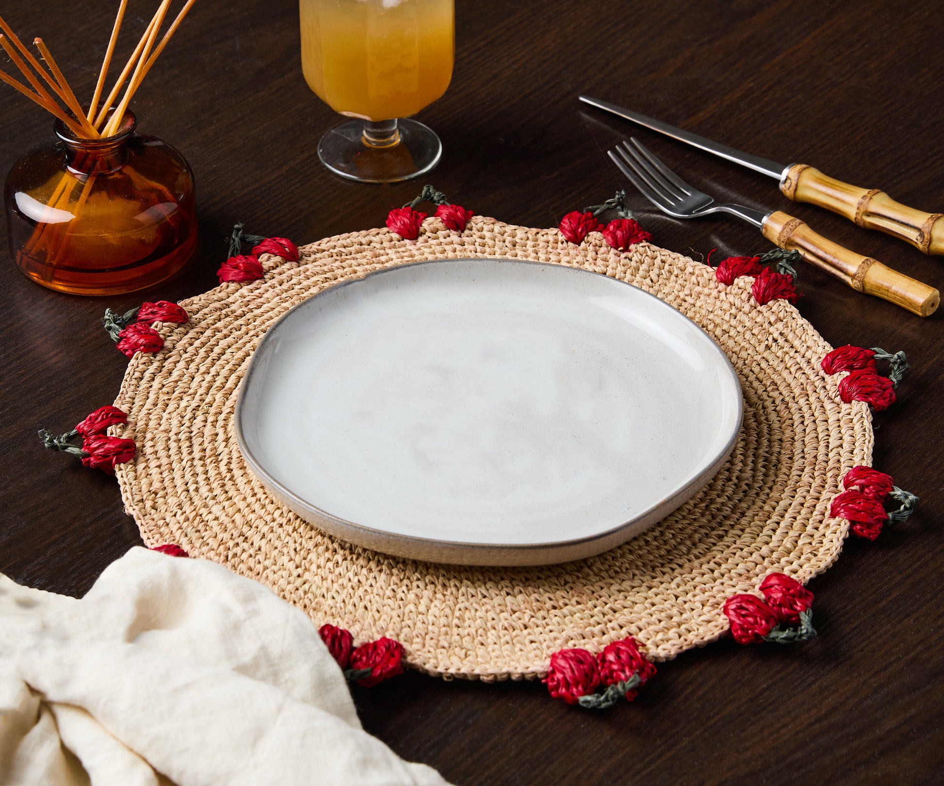 Cherry Scalloped Edge Placemat – 14” Hand-Crocheted Raffia – Artisan Summer Table Decor – Coastal & Boho Dining - Tampa Home & Garden Store