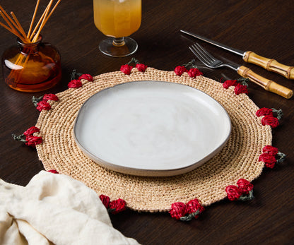 Cherry Scalloped Edge Placemat – 14” Hand-Crocheted Raffia – Artisan Summer Table Decor – Coastal & Boho Dining - Tampa Home & Garden Store