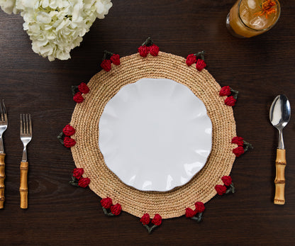 Cherry Scalloped Edge Placemat – 14” Hand-Crocheted Raffia – Artisan Summer Table Decor – Coastal & Boho Dining - Tampa Home & Garden Store