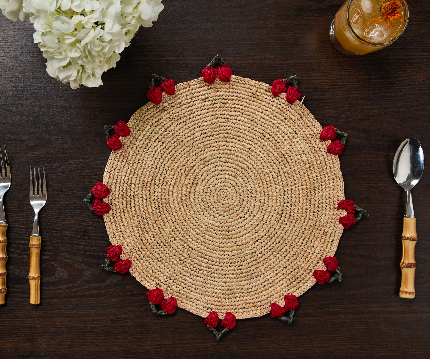 Cherry Scalloped Edge Placemat – 14” Hand-Crocheted Raffia – Artisan Summer Table Decor – Coastal & Boho Dining - Tampa Home & Garden Store