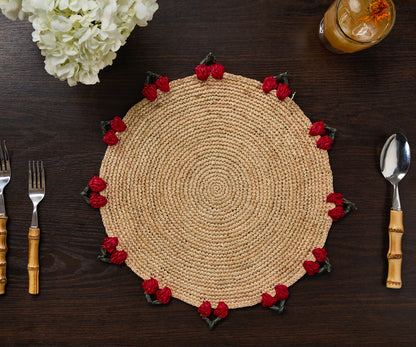 Cherry Scalloped Edge Placemat – 14” Hand-Crocheted Raffia – Artisan Summer Table Decor – Coastal & Boho Dining - Tampa Home & Garden Store