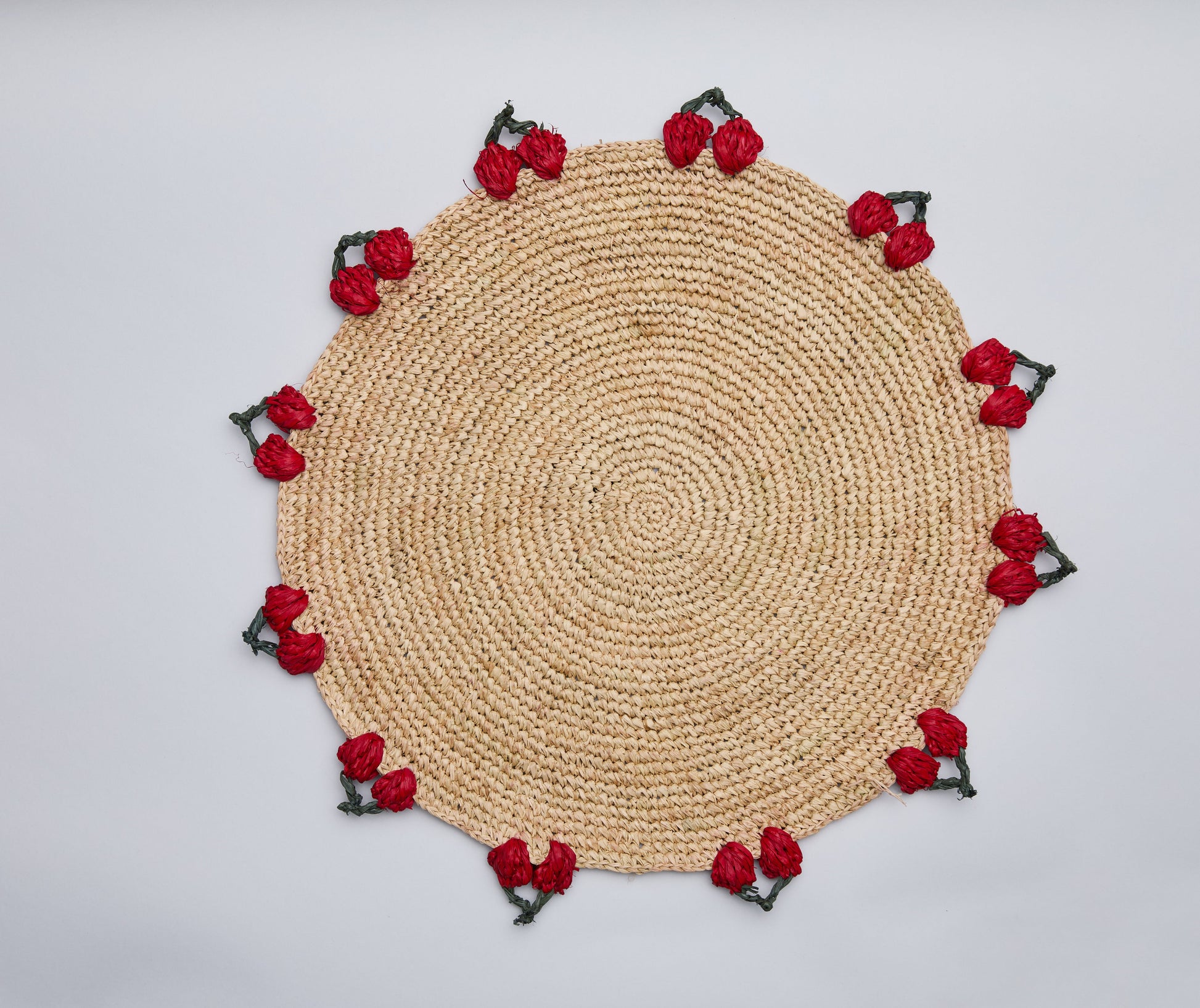 Cherry Scalloped Edge Placemat – 14” Hand-Crocheted Raffia – Artisan Summer Table Decor – Coastal & Boho Dining - Tampa Home & Garden Store