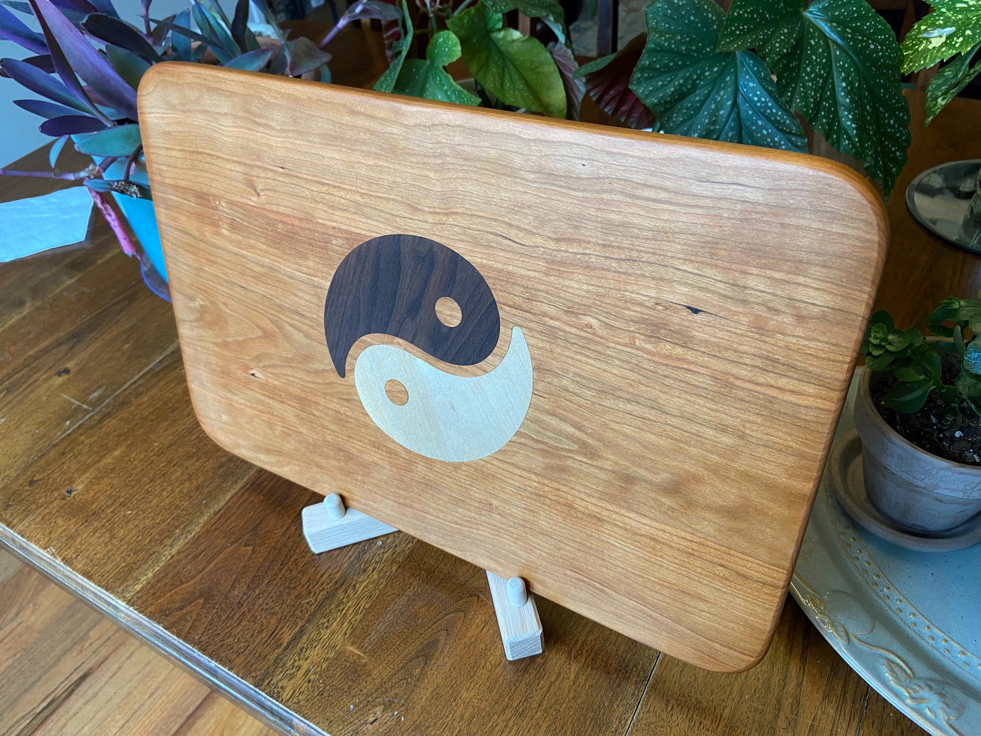 Cherry charcuterie board with Yin Yang inlay made from Peruvian Walnut and Maple. - Tampa Home & Garden Store