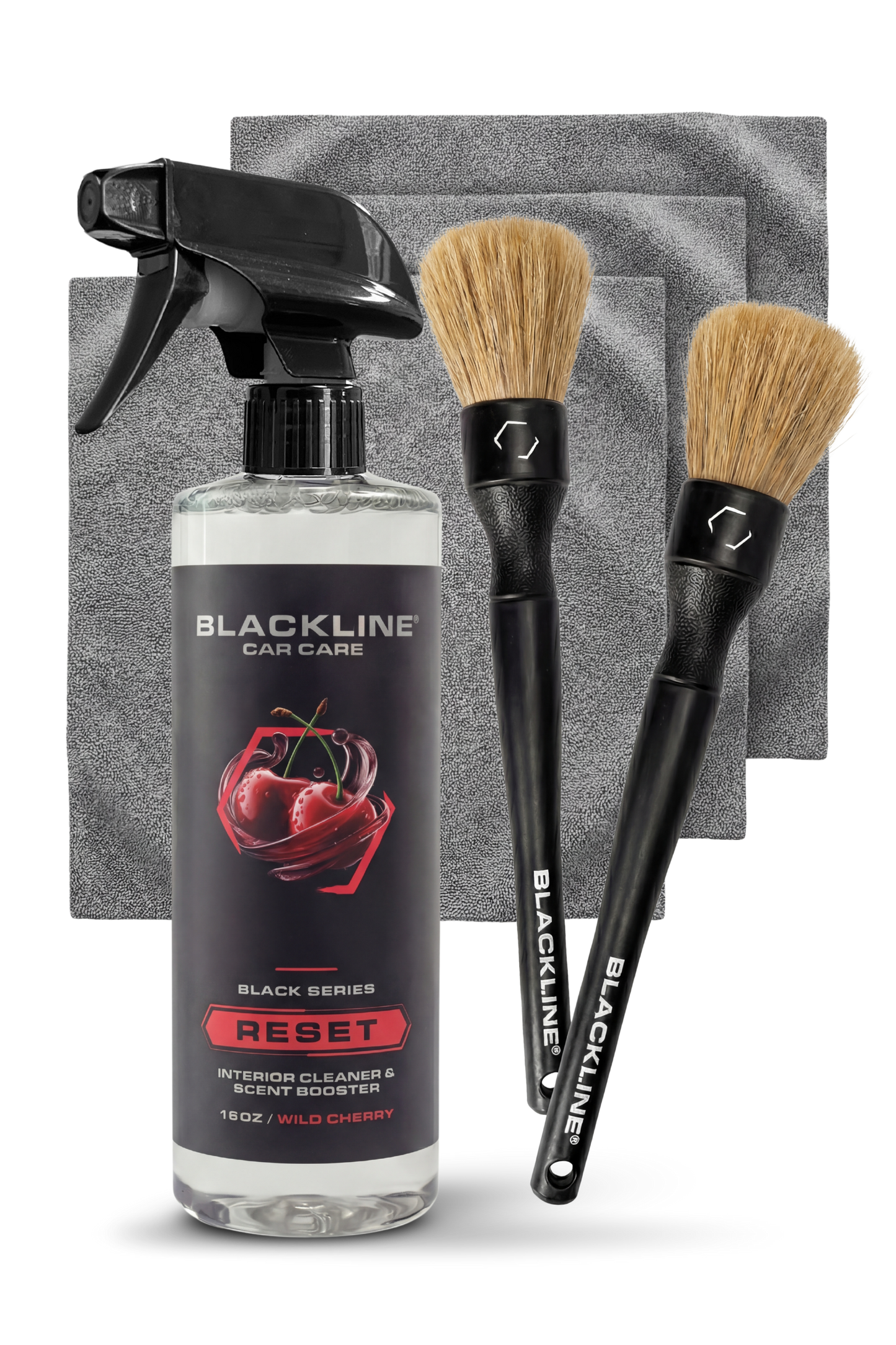 BLACKLINE Car Care RESET interior cleaner & scent booster spray bottle with 2 brushes on Tampa Home & Garden Store