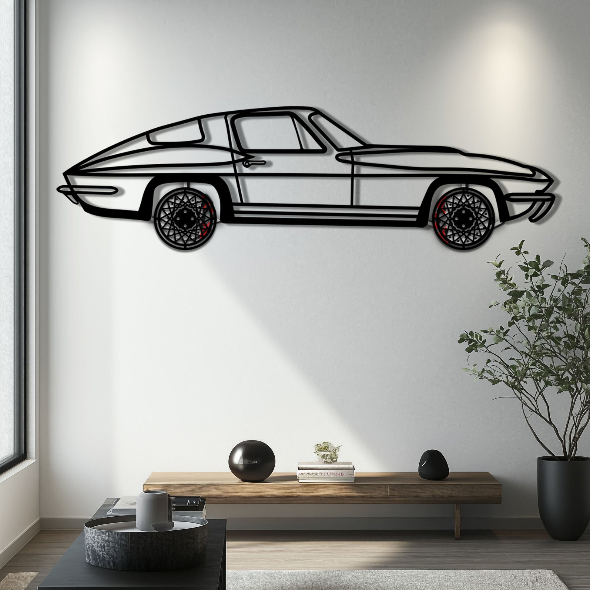 Chevrolet Corvette C3 Stingray Metal Car Wall Art with Rotating Wheels - Classic American Muscle Silhouette - Interactive Automotive Decor - KAFMEKA120 - Tampa Home & Garden Store