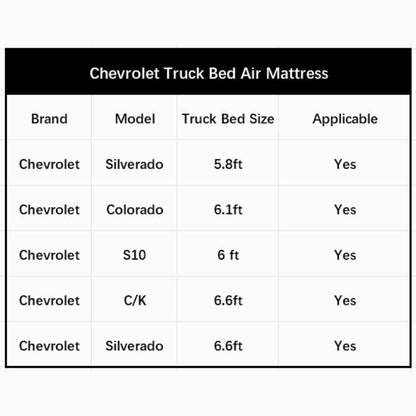 Umbrauto Truck Bed Air Mattress size chart for Chevrolet models with 5.8–6.6 ft beds on Tampa Home & Garden Store