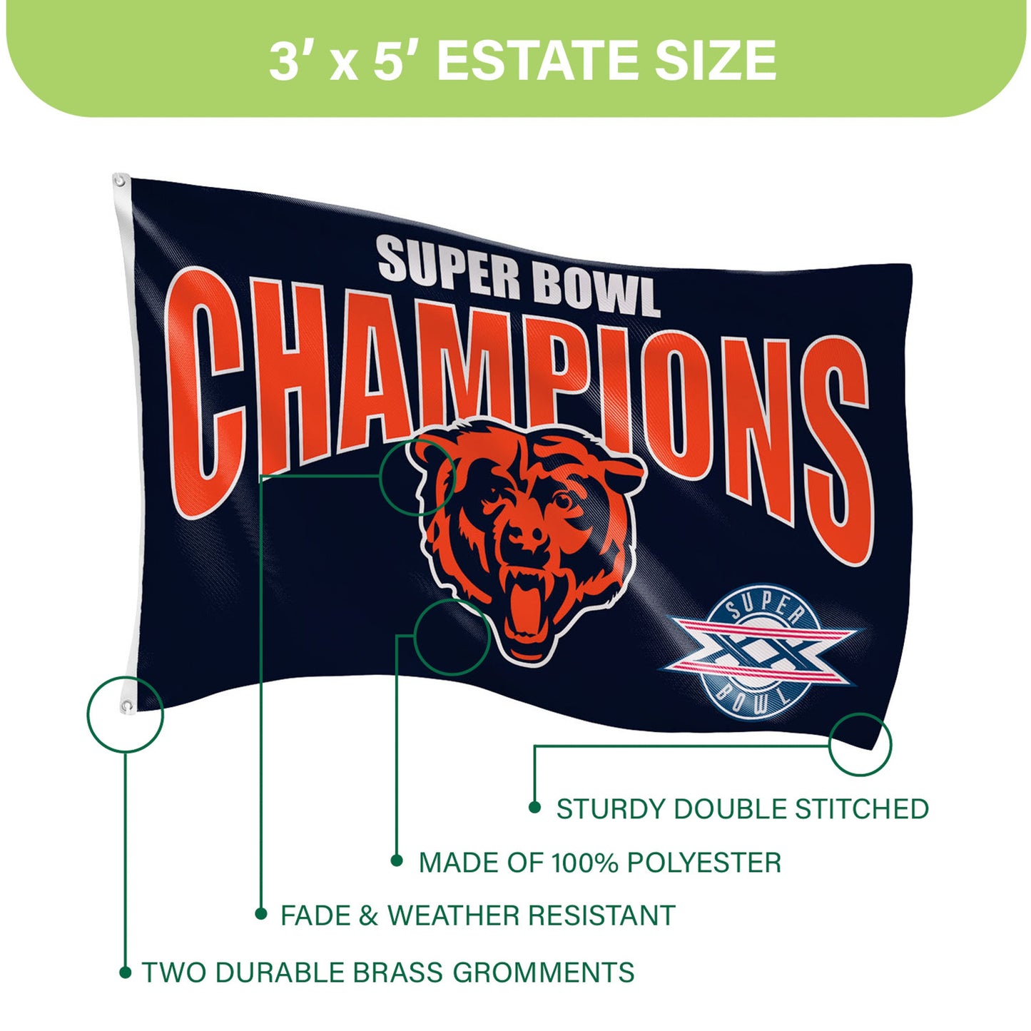 Chicago Bears Superbowl XX Champions Football 3x5 Flag - Tampa Home & Garden Store
