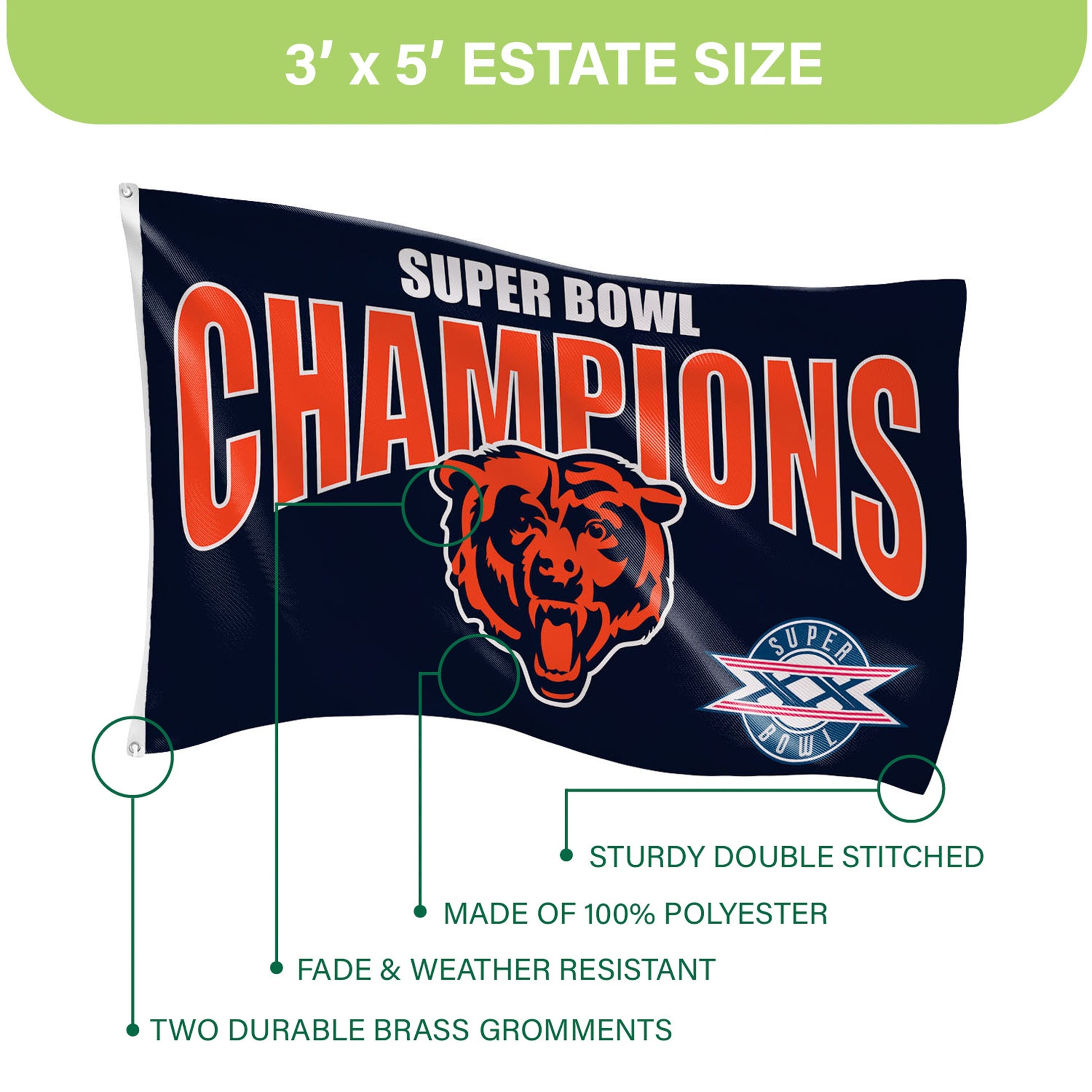 Chicago Bears Superbowl XX Champions Football 3x5 Flag - Tampa Home & Garden Store