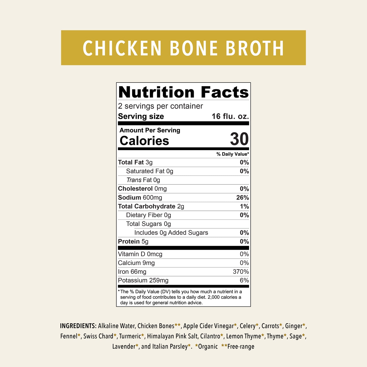 Organic Chicken Bone Broth Elixir CHICKEN BONE BROTH on mustard banner with nutrition panel on Tampa Home & Garden Store