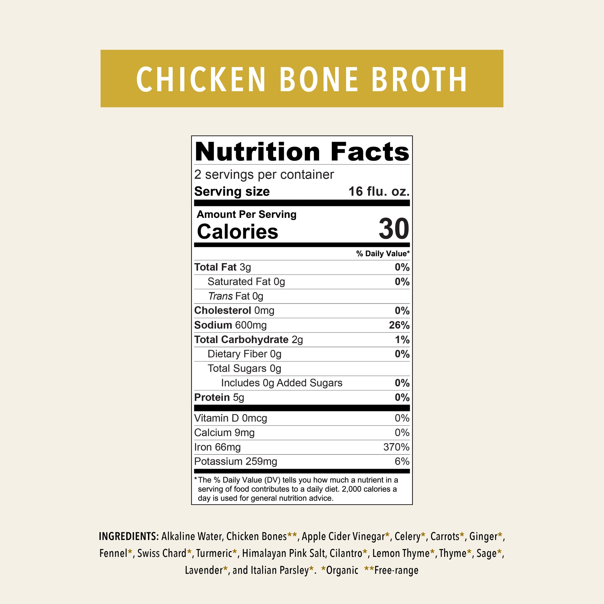 Organic Chicken Bone Broth Elixir CHICKEN BONE BROTH on mustard banner with nutrition panel on Tampa Home & Garden Store