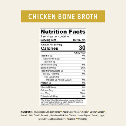 Organic Chicken Bone Broth Elixir CHICKEN BONE BROTH on mustard banner with nutrition panel on Tampa Home & Garden Store