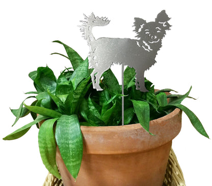 Chihuahua Long Haired Plant Stake silver metal silhouette for pots Rustica Ornamentals on Tampa Home & Garden Store