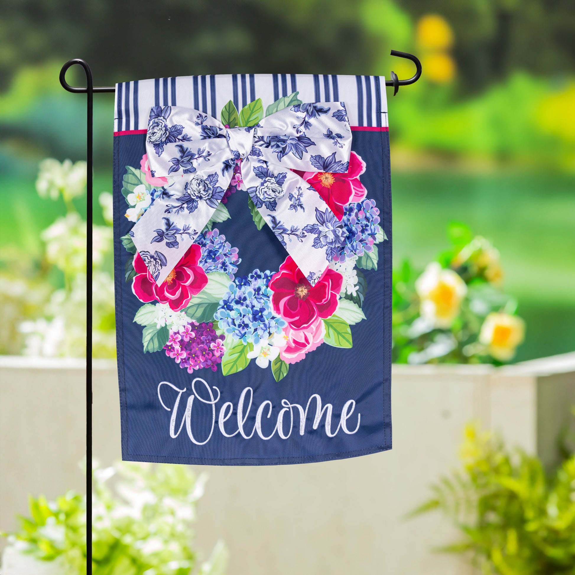 Chinoiserie Bow Floral Wreath Applique Garden Flag - Tampa Home & Garden Store