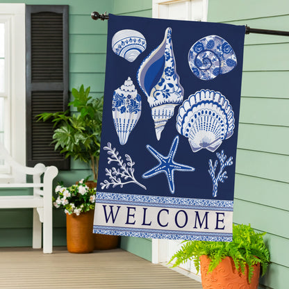 Chinoiserie Seashells Burlap House Flag - Tampa Home & Garden Store
