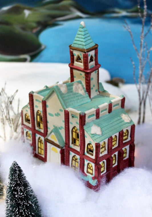 Christmas Decoration. Vintage Porcelain Xmas Village Cathedral with Lights.  Holiday Decoration with Light Kit Made by Holiday Magic. - Tampa Home & Garden Store